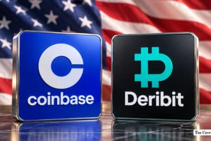 Coinbase and Deribit corporate logo blocks displayed side-by-side on a reflective surface in front of an American flag