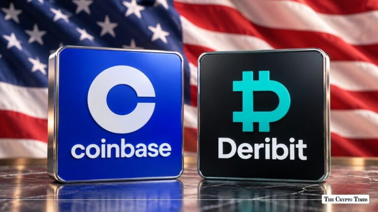 Coinbase and Deribit corporate logo blocks displayed side-by-side on a reflective surface in front of an American flag