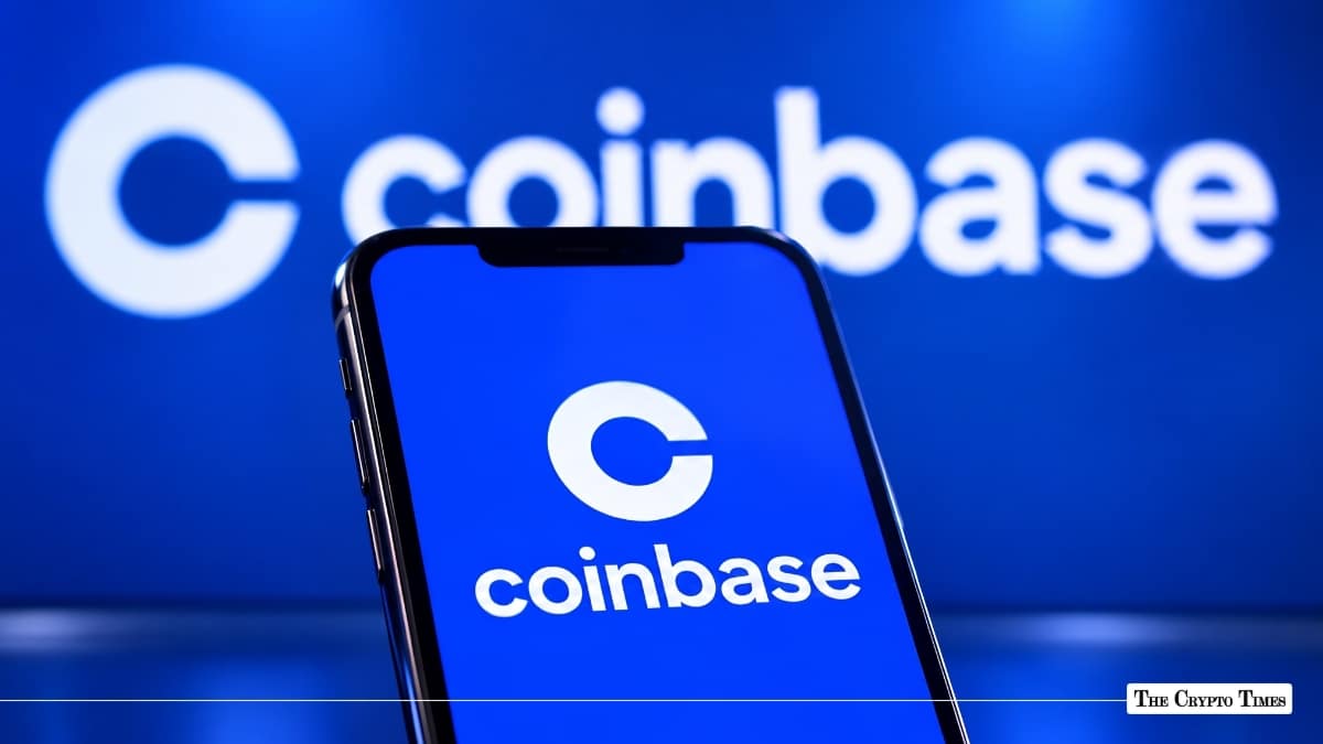 Smartphone displaying the Coinbase application logo in front of a Coinbase background.