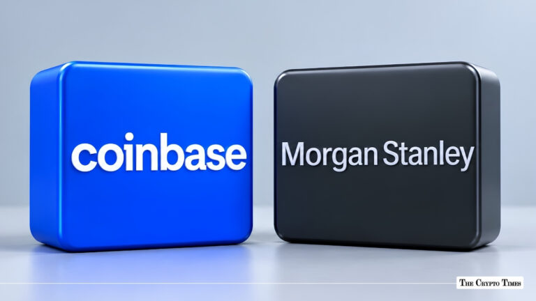 Coinbase blue block logo next to a Morgan Stanley black block logo.