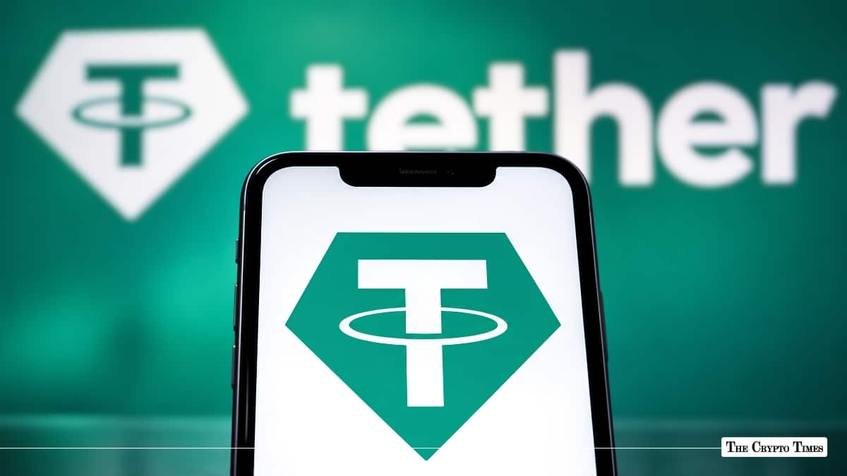 Smartphone displaying the Tether logo held in front of a green Tether screen.