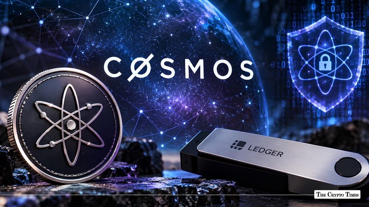 Cosmos ATOM token coin and a Ledger hardware wallet set against a space-themed globe background.Cosmos ATOM token coin and a Ledger hardware wallet set against a space-themed globe background.