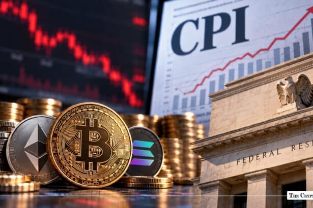 Bitcoin and major crypto tokens set against a US CPI inflation chart and the Federal Reserve building