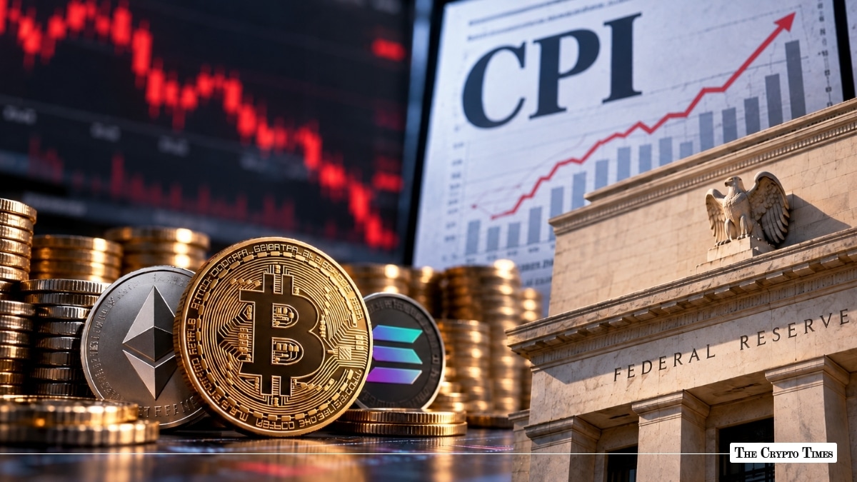 Bitcoin and major crypto tokens set against a US CPI inflation chart and the Federal Reserve building