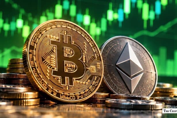 Physical Bitcoin and Ethereum coins standing against a green rising financial chart.