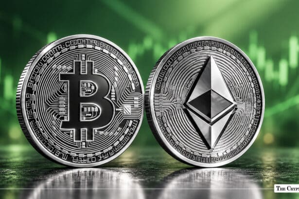Silver Bitcoin and Ethereum coins set against a green financial trading chart