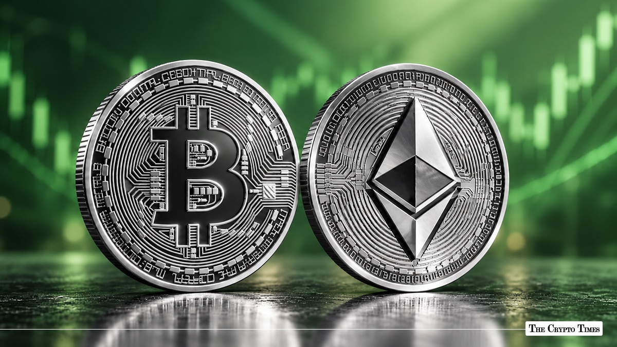 Silver Bitcoin and Ethereum coins set against a green financial trading chart