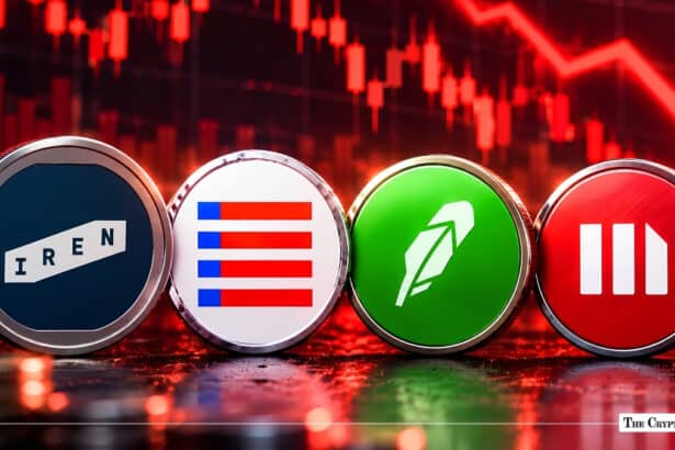 Four crypto corporate logos on circular coins with a red declining stock chart in the background.