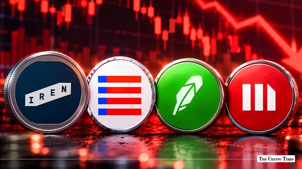 Four crypto corporate logos on circular coins with a red declining stock chart in the background.
