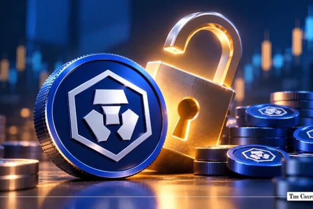 Physical Crypto.com (CRO) coin standing next to an open golden padlock and stacked tokens.