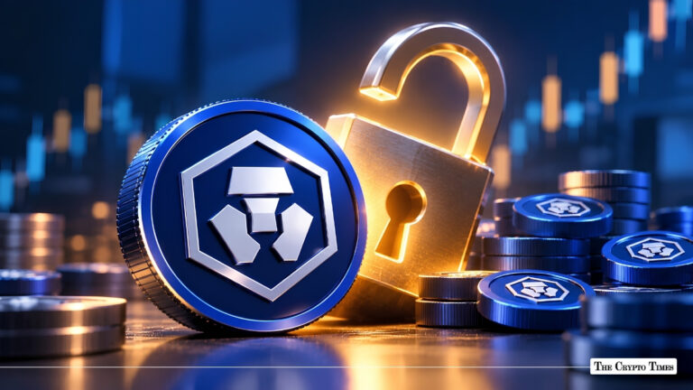 Physical Crypto.com (CRO) coin standing next to an open golden padlock and stacked tokens.