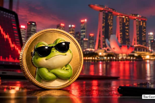 Gold frog memecoin medallion set against a Singapore skyline at dusk with red market charts.