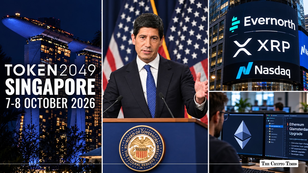 Grid graphic showing TOKEN2049, Federal Reserve policy, Evernorth XRP Nasdaq listing, and Ethereum Glamsterdam upgrade
