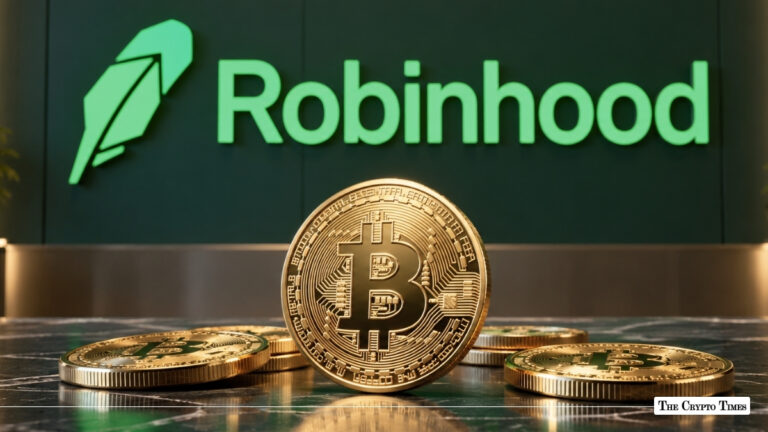 Physical Bitcoin (BTC) coin standing among scattered tokens in front of a green Robinhood office logo wall