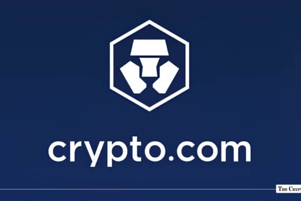 Crypto.com logo and wordmark centered on a blue background.
