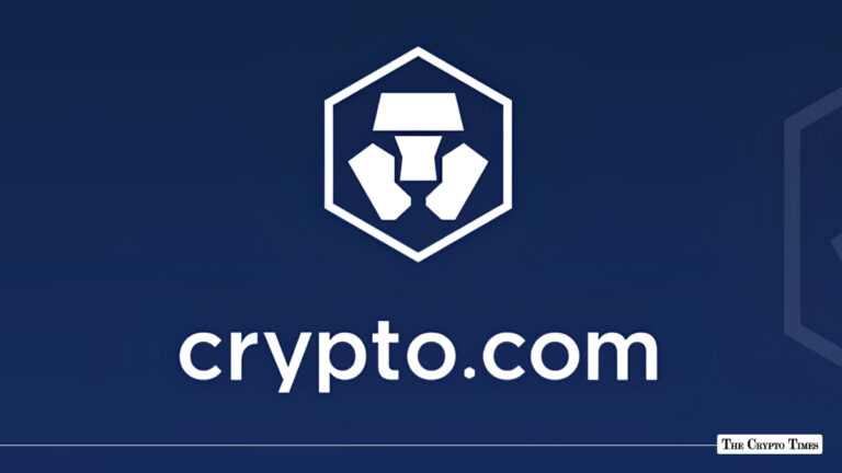 Crypto.com logo and wordmark centered on a blue background.