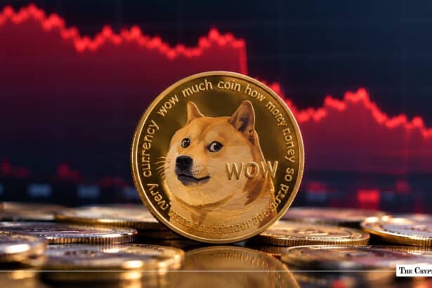 Physical gold Dogecoin coin standing upright in front of a falling red market chart.