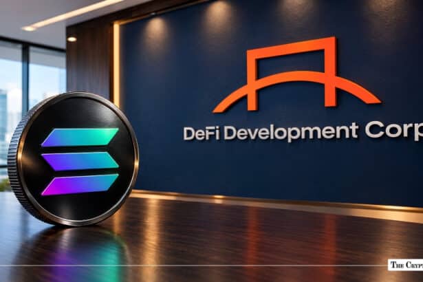 Physical Solana (SOL) coin standing on a wooden desk in front of a DeFi Development Corp wall logo.