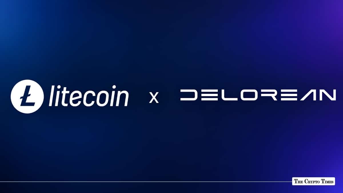 Litecoin and DeLorean logos displayed side-by-side with a partnership cross symbol.