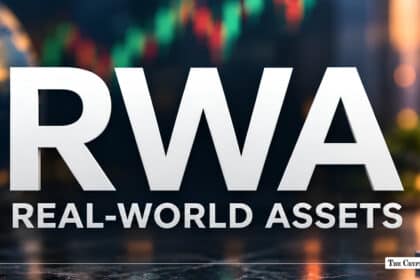 Bold white "RWA REAL-WORLD ASSETS" text set against a blurred trading chart background.