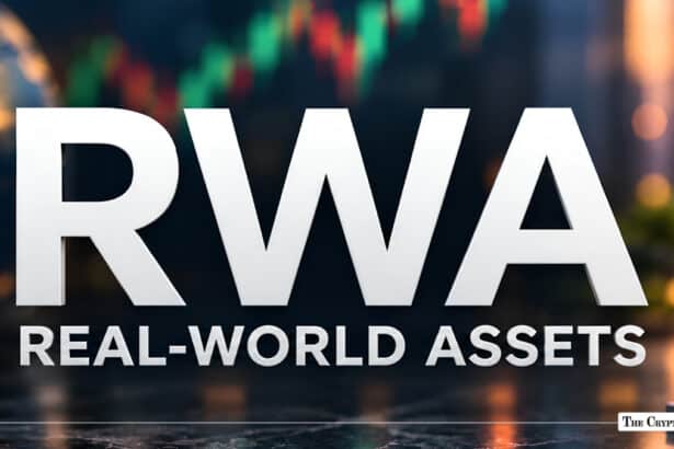 Bold white "RWA REAL-WORLD ASSETS" text set against a blurred trading chart background.