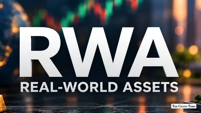 Bold white "RWA REAL-WORLD ASSETS" text set against a blurred trading chart background.
