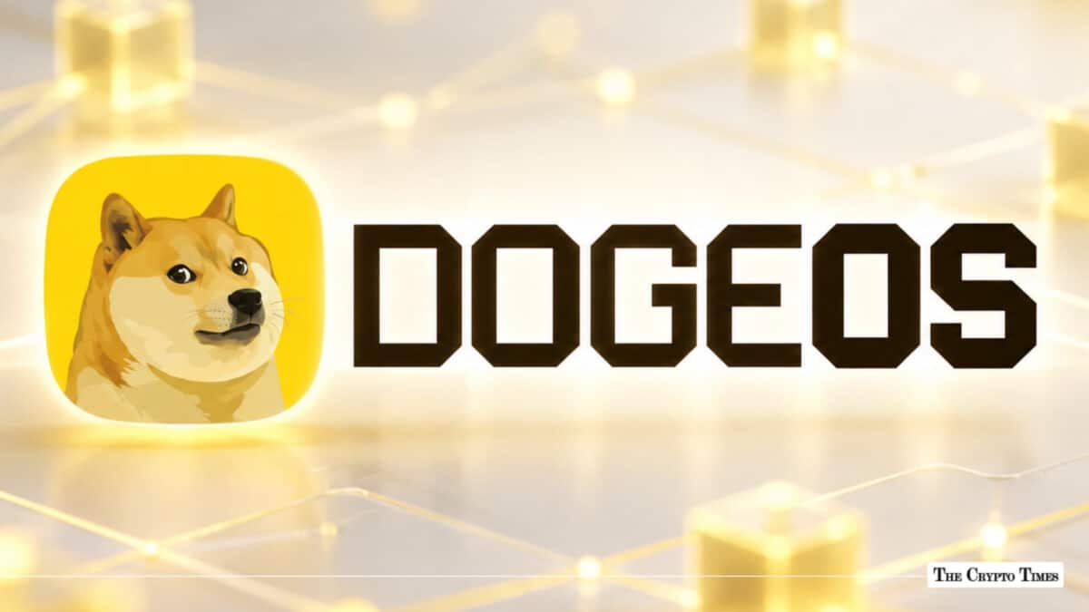 The DogeOS logo featuring a Shiba Inu icon on a yellow app-style badge alongside black block typography over a luminous network background.