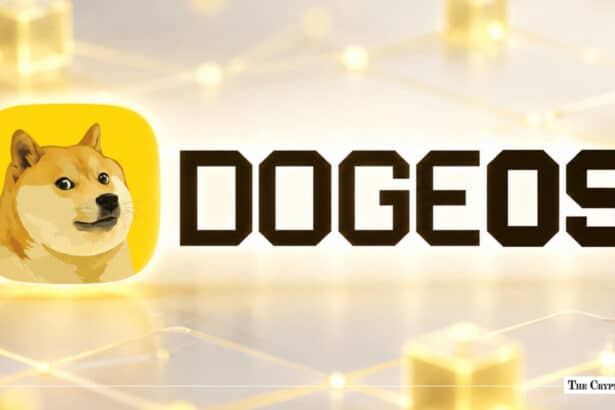 The DogeOS logo featuring a Shiba Inu icon on a yellow app-style badge alongside black block typography over a luminous network background.