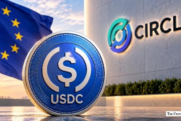 Physical USDC coin standing in front of Circle corporate building and the EU flag