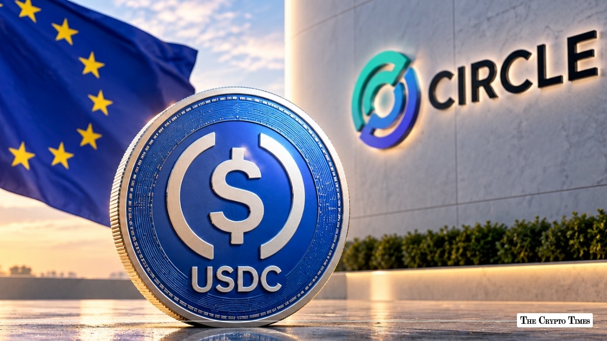 Physical USDC coin standing in front of Circle corporate building and the EU flag