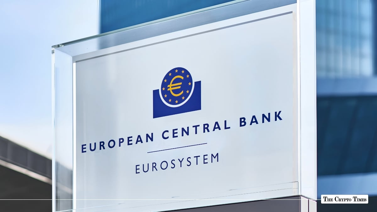 European Central Bank Eurosystem sign mounted on glass exterior representing digital euro and EU monetary policy