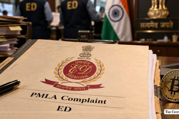 Indian Enforcement Directorate (ED) PMLA complaint file next to a Bitcoin coin
