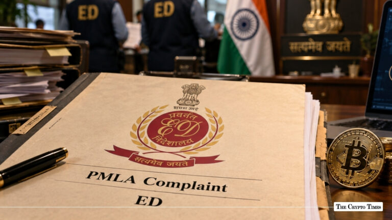 Indian Enforcement Directorate (ED) PMLA complaint file next to a Bitcoin coin