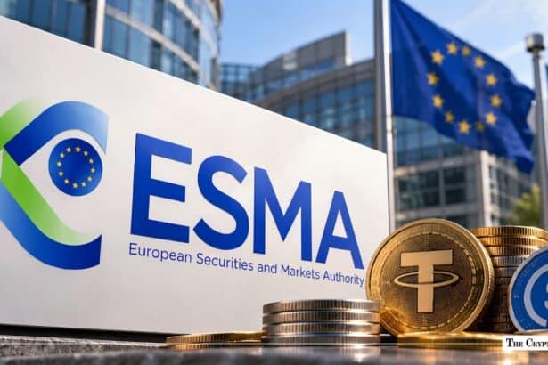 European Securities and Markets Authority (ESMA) signage with Tether stablecoin coins and European Union flag.