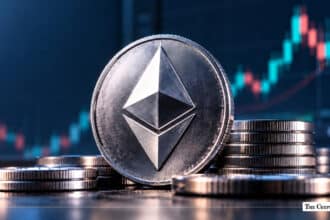 Physical metallic Ethereum (ETH) coin standing among stacks of coins with a financial candlestick trading chart in the background