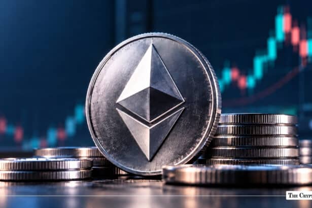 Physical metallic Ethereum (ETH) coin standing among stacks of coins with a financial candlestick trading chart in the background
