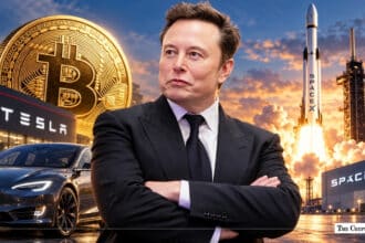 Elon Musk with folded arms flanked by a giant Bitcoin coin, Tesla electric car, and SpaceX rocket launch