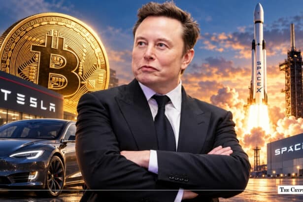 Elon Musk with folded arms flanked by a giant Bitcoin coin, Tesla electric car, and SpaceX rocket launch