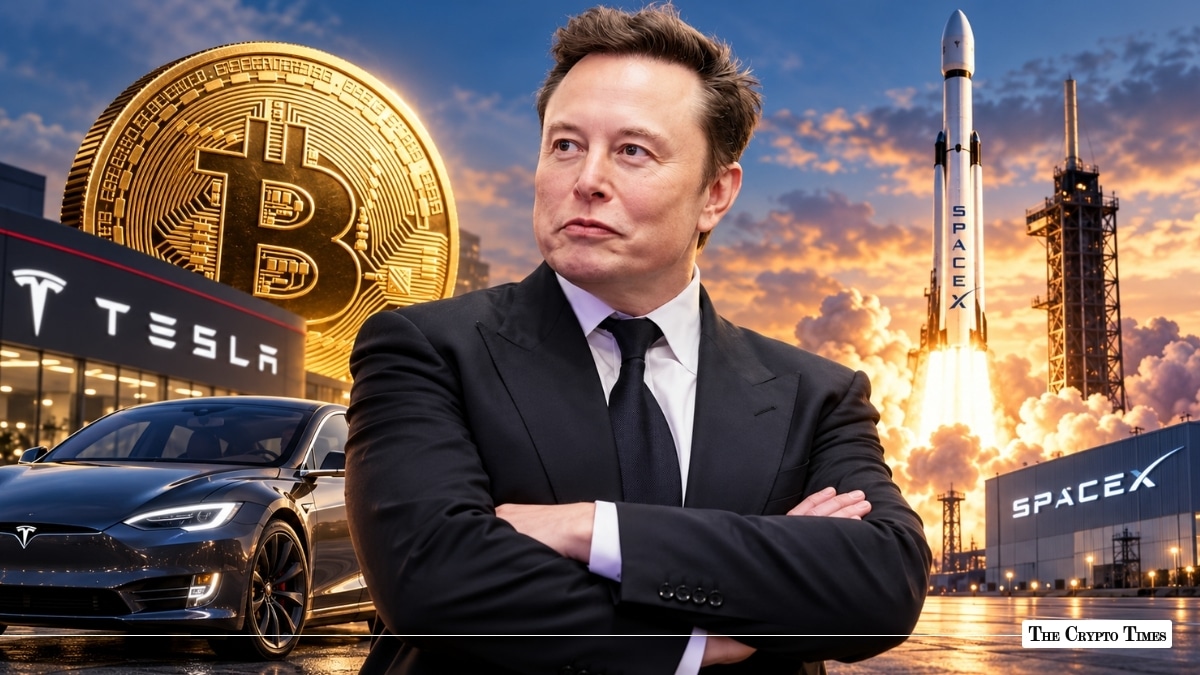 Elon Musk with folded arms flanked by a giant Bitcoin coin, Tesla electric car, and SpaceX rocket launch