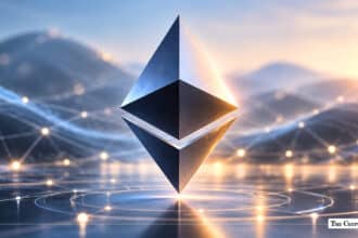 Metallic Ethereum (ETH) emblem floating above a reflective glowing network surface with mountain silhouettes in the background