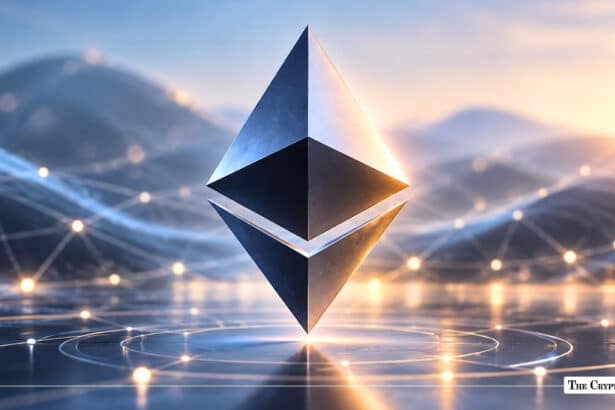 Metallic Ethereum (ETH) emblem floating above a reflective glowing network surface with mountain silhouettes in the background