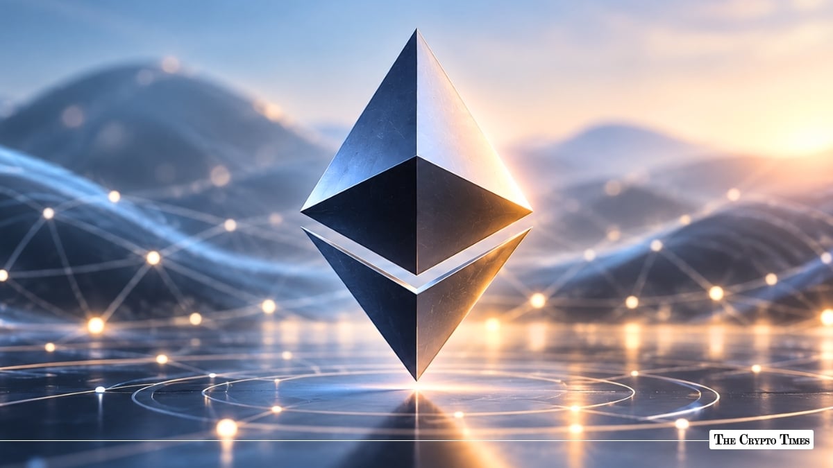 Metallic Ethereum (ETH) emblem floating above a reflective glowing network surface with mountain silhouettes in the background