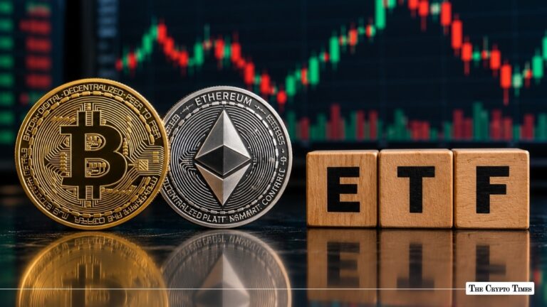 Bitcoin and Ethereum coins beside wooden ETF letter blocks with a market chart background