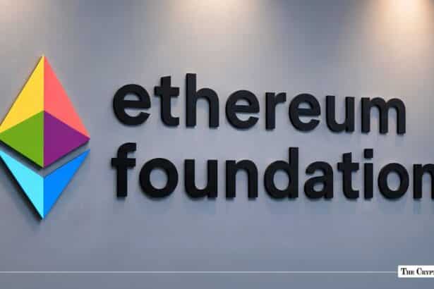 Ethereum Foundation wall signage with a colorful geometric Ethereum emblem.