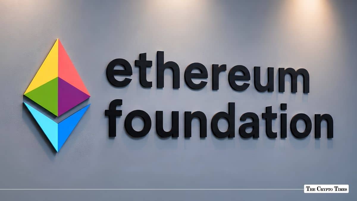 Ethereum Foundation wall signage with a colorful geometric Ethereum emblem.