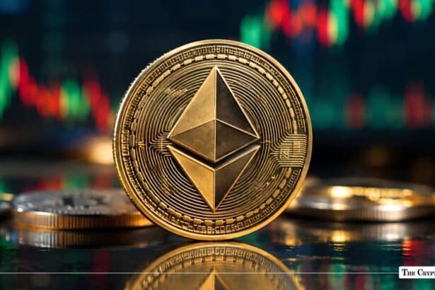 Gold Ethereum coin standing upright in front of a colorful market candlestick chart.