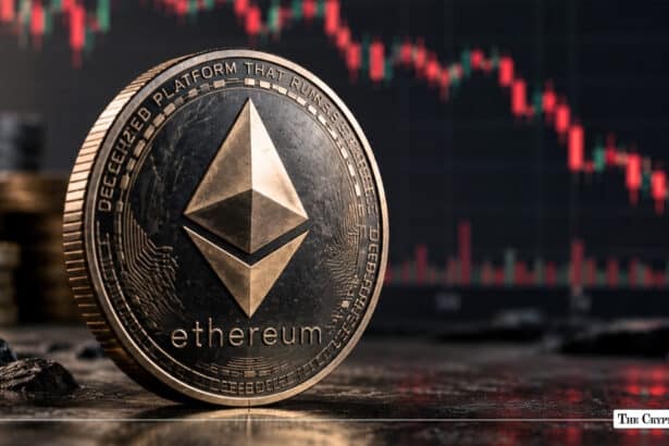 Ethereum coin standing in front of a red market candlestick chart