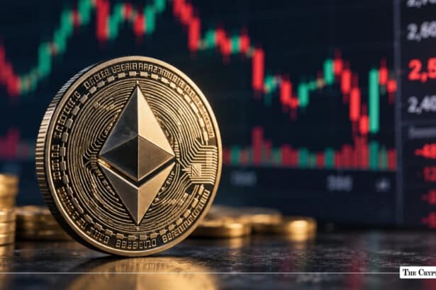 Gold Ethereum ETH coin in front of a market price chart