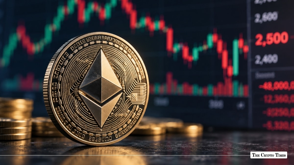 Gold Ethereum ETH coin in front of a market price chart