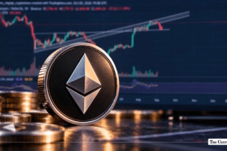 Ethereum (ETH) physical coin positioned in front of a TradingView candlestick price chart.